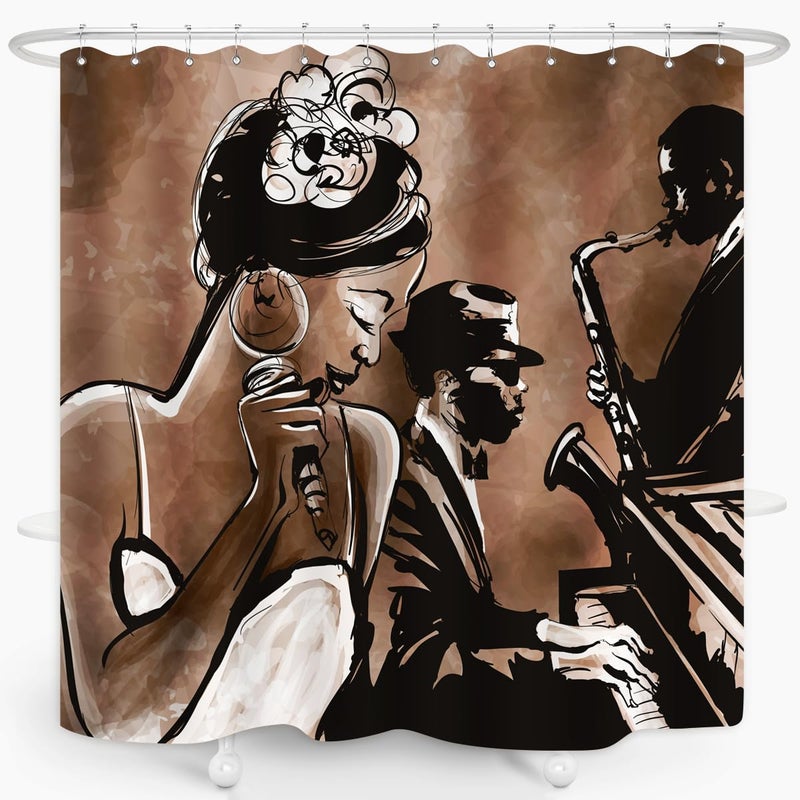 ZXMBF American Woman Jazz Shower Curtain African Black Girl Singing Jazzist Afrocentric Black Art Grunge Style Waterproof Fabric Bathroom Decor 72x72 Inch Brown Plastic Hooks 12 - Image 3